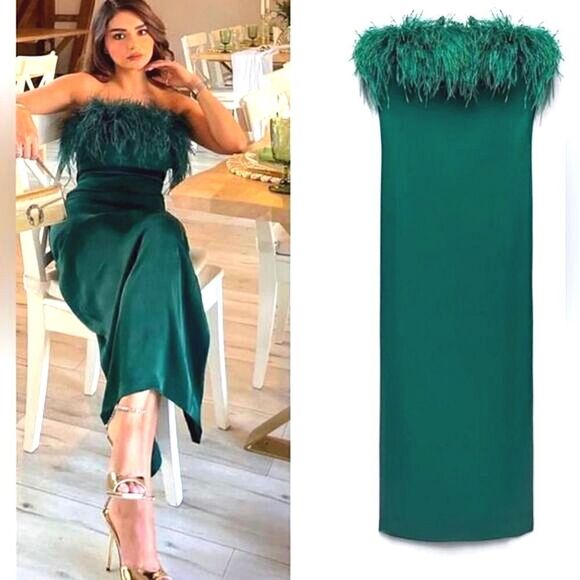 BLOGGER’S FAVE | NWT Zara - Green Feather Satin Effect Strapless Dress - Picture 2 of 16